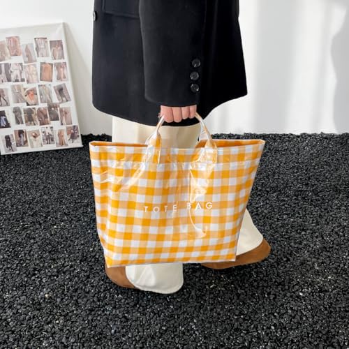 Image of Lushandy Striped PVC Tote Bag for Women, Waterproof Plastic Tote Bag for Beach Pool Large Top Handle Travel Hobo Handbag | Waterproof Material