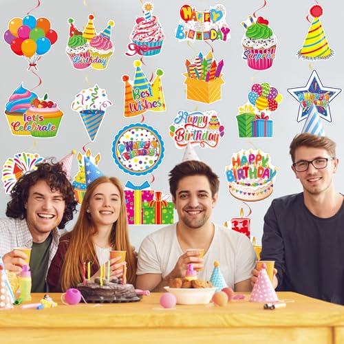 Image of 40Pcs Birthday Hanging Swirl Decorations, Colorful Cupcake Balloons Hat Sign Swirl Decor Happy Birthday Hanging Ornaments for Boy Girl Kid Party Supplies