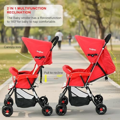Image of Baybee Stroller Baby for Boy & Girl 0 to 3 Years | Foldable Strollers with Canopy, Parent Handle, 2-Position Adjustable Seat, 2-Point Safety Belt | Travel Pram for Kids (Red)