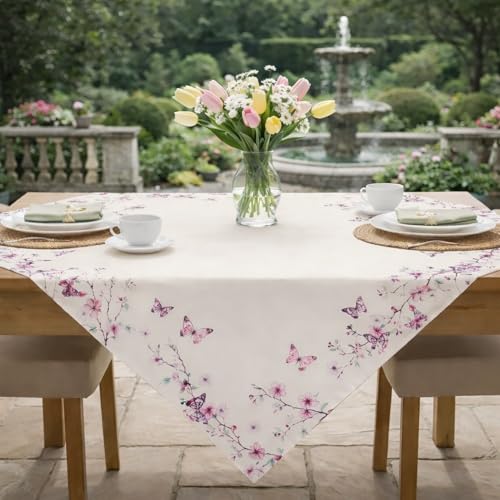 KAMACA Tischdecke Mitteldecke 80x80 cm mit Blütenzweigen & Schmetterlingen Florales Design für Frühling & Sommer Pflegeleichte Polyester-Tischdecke für Esszimmer Balkon & Garten