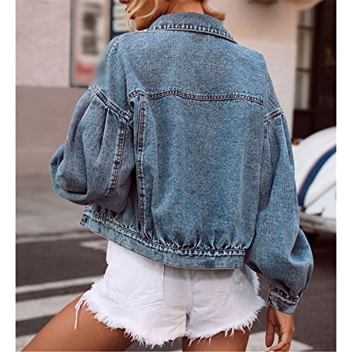 Kelsiop Single Breasted Balloon Sleeve Denim Jacket Women Spring Autumn Fashion Loose Cropped Jeans Jacket2