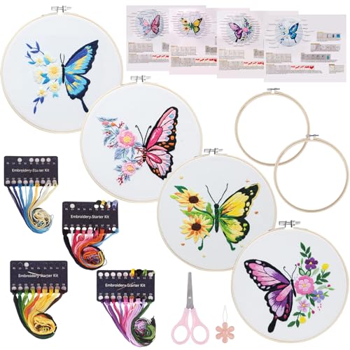 Image of Embroidery Kit for Beginners,Cross Stitch Kits Set,Floral Butterfly Pattern Needlepoint Kits,4 Sets Hand Embroidery Kit for Craft Lover Hand Stitch,Embroidery Starter Kits for Adults Beginners