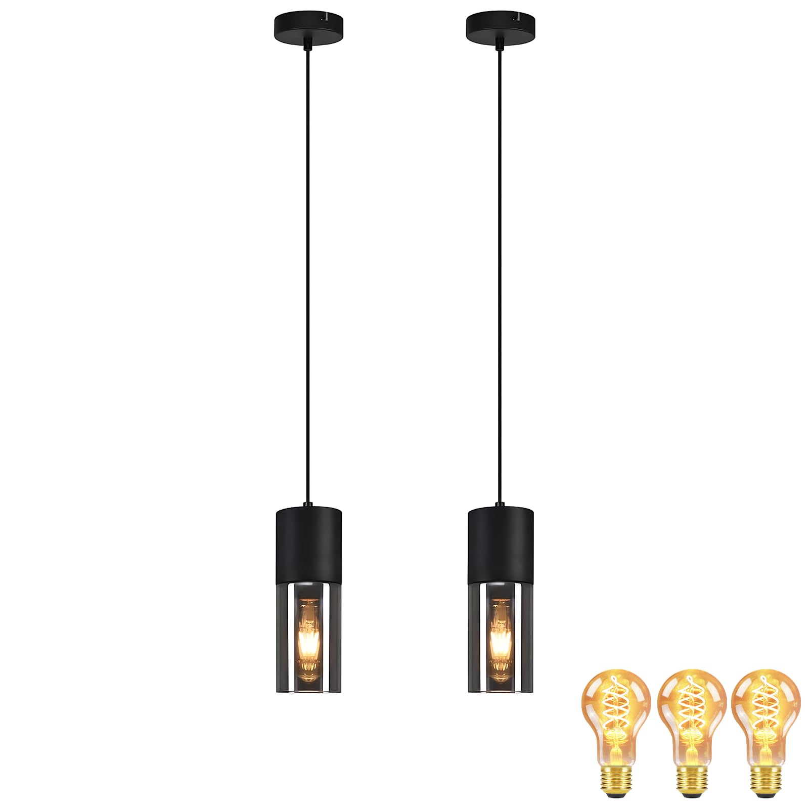 Lichtmaler Pendelleuchte 1 Flammig Pendellampe Esstisch - 2 Stück Hängeleuchte Schwarz E27 Glas Schwarz Hängelampe Metall für Küche Wohnzimmer Schlafzimmer, mit Leuchtmittel