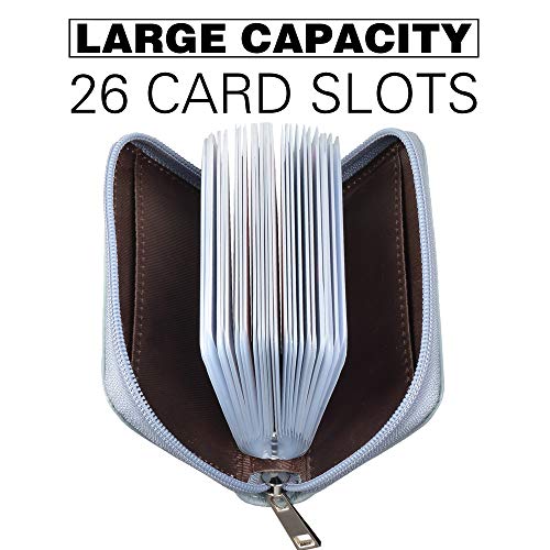 Image of Easyoulife Genuine Leather Credit Card Holder Zipper Wallet with 26 Card Slots (Light Blue)