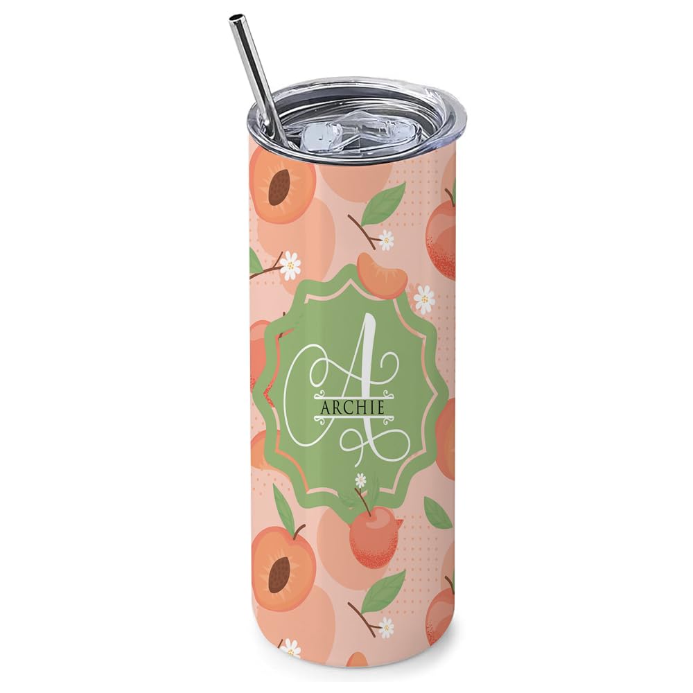Getagift Personalised Fruits Patterns Theme, Initial with Name, Alphabet Tumbler, 20 OZ Stainless Steel Skinny Tumbler, Double Walled Vacuum Insulated with Closed Lid and Metal Straw. (Peach)