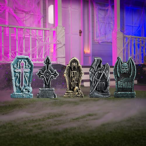Image of JOYIN 17 inch Halloween Decorations Outdoor Tombstones, 5 Pack Halloween Foam Graveyard Headstone Decorations with 12 Bonus Metal Stakes for Yard Lawn Outside Decor