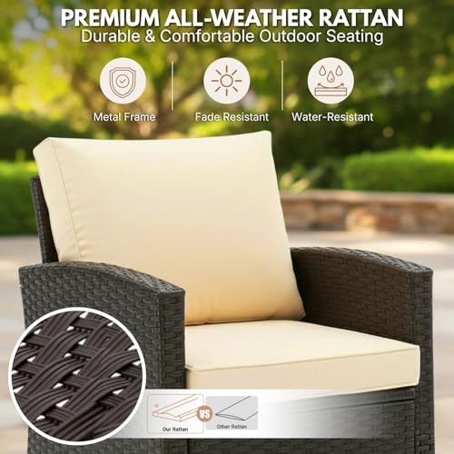 Image of DEVOKO Outdoor Wicker 3-Piece Patio Furniture Set with All-Weather Cushions & Rust Resistant Metal Frame UV-Resistant Furniture Design Perfect for Garden Balcony(Dark Brown & Cream)