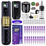 Mast Fold2 Pro Kit Tatouage Professionnel Sans Fil Machine à Tatouer Rotative Tattoo Machine Pen avec 2 Batteries 2000mAh, Connexion RCA, Aiguilles et Encre Noire | Set Complet Gold Color