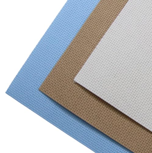 Image of KCS 3 pc of 15 inch x 18 inch(38cmx45cm) 14 Count Cross Stitch Cotton Aida Cloth Needlework Rolled Fabric Box,14CT,Light Blue+Khaki+Antique White