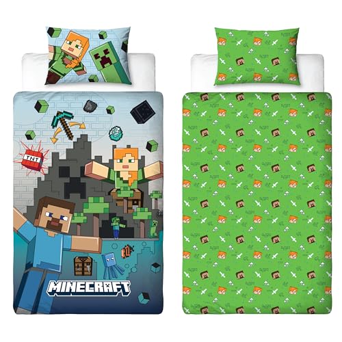 Minecraft Officially Licensed Single Duvet Cover Set | Reversible Bedding with Level Design 2 Sided Includes Matching Pillowcase | Single Set