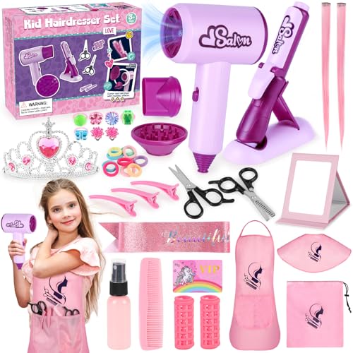 Hair Salon Toys for Girls, 40Pcs Girl Beauty Salon Playset Pretend Hair Styling Set with Hairdryer, Curling Iron, Mirror, Barber Apron and Styling Accessories for Toddler Makeup Party Christmas