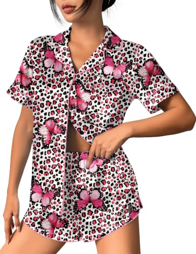 Image of Ekouaer Womens Silk Satin Pajama Set Print Short Sleeve Sleepwear Button Down Pjs Shorts Set Loungewear