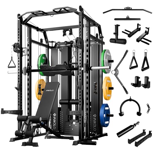 Mikolo Smith Machine with Weight Stack, Power Cage Home Gym System with LAT Pulldown & Cable Crossover, Multi-Functional Trainer with Dual Pulley System, Color Plate 230lbs