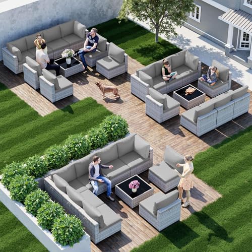 Image of Outdoor PE Wicker Rattan Modular Patio Sectional Sofa Set | 9-Piece: 6 Modular Seats, Coffee Table & 2 Ottomans, Grey
