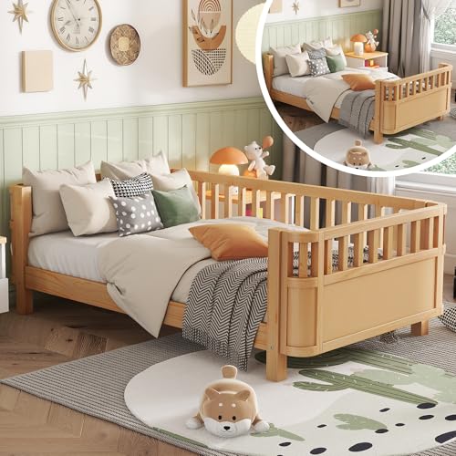 Twin Size Kids Bed with Rails, Wood Twin MontessoriBed Frame with Slats Support, Low to Ground Modern Baby Bed Daybed with Detachable Side Rails for Boys Girls Bedroom, Natural
