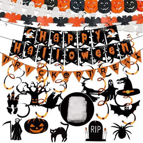 POFIBO Halloween Deko Innen - Girlande, Banner und Hängedeko Mit 60g Spinnennetz - Für Kinder und Grusel Party-Horror-Deko