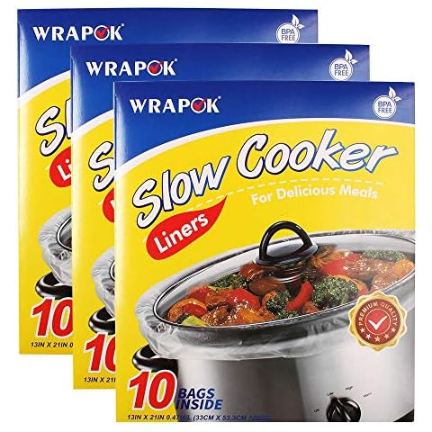 WRAPOK Slow Cooker Liners Kitchen Disposable Cooking Bags BPA Free for Oval or Round Pot, Large Size 13 x 21 Inch, Fits 3 to 8.5 Quarts - 3 Pack (30 Bags Total) Cover