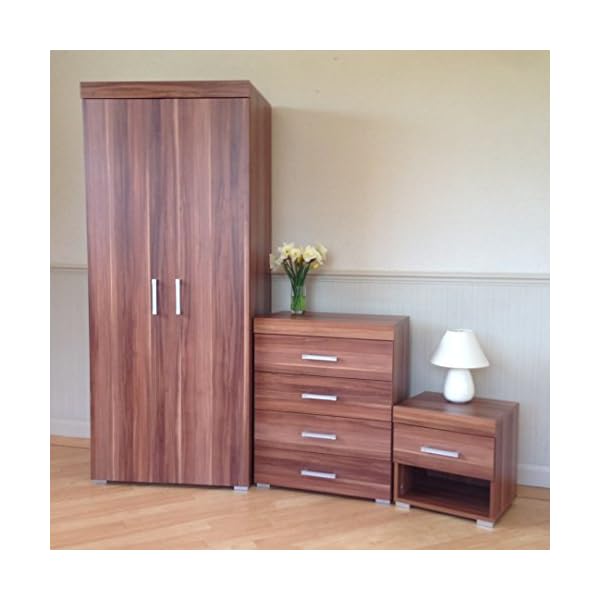 DRP Trading 3 Piece Walnut Effect Bedroom Furniture Set! Wardrobe, 4 Drawer Chest, 1 Draw Bedside Table - Image 4