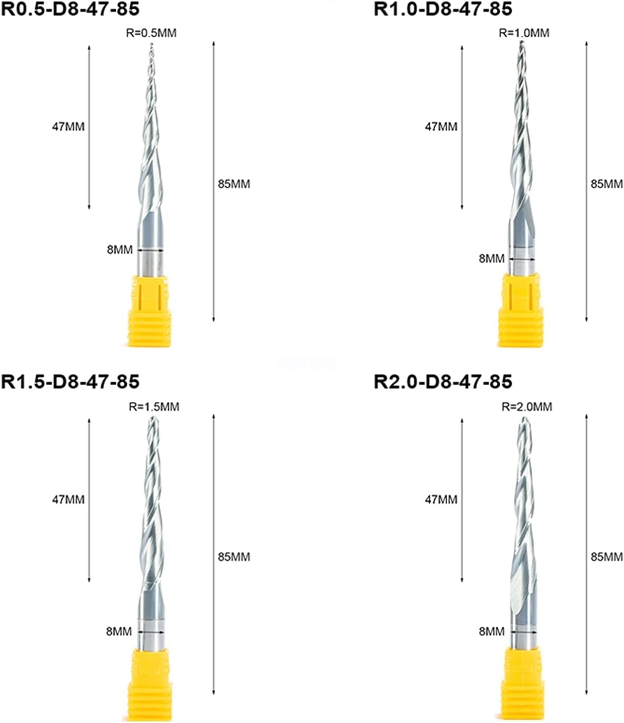 Hardware Milling Cutter 4pc HRC55 R0.5 R1.0 R1.5 R2.0 SHK 8mm Tapered Ball End Mill With Tungsten Carbide Coating Tapered Tapered Cnc Cutter (Dimensions : R0.5XD8X47X85mm)