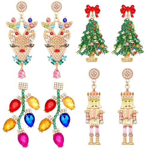 DTOFOOT Sparkly Beaded Christmas Earrings Stud for Women | Crystal Christmas Earrings,Xmas Nutcracker Christmas Tree Reindeer Light Designs,Stud And Dangle Earrings Set