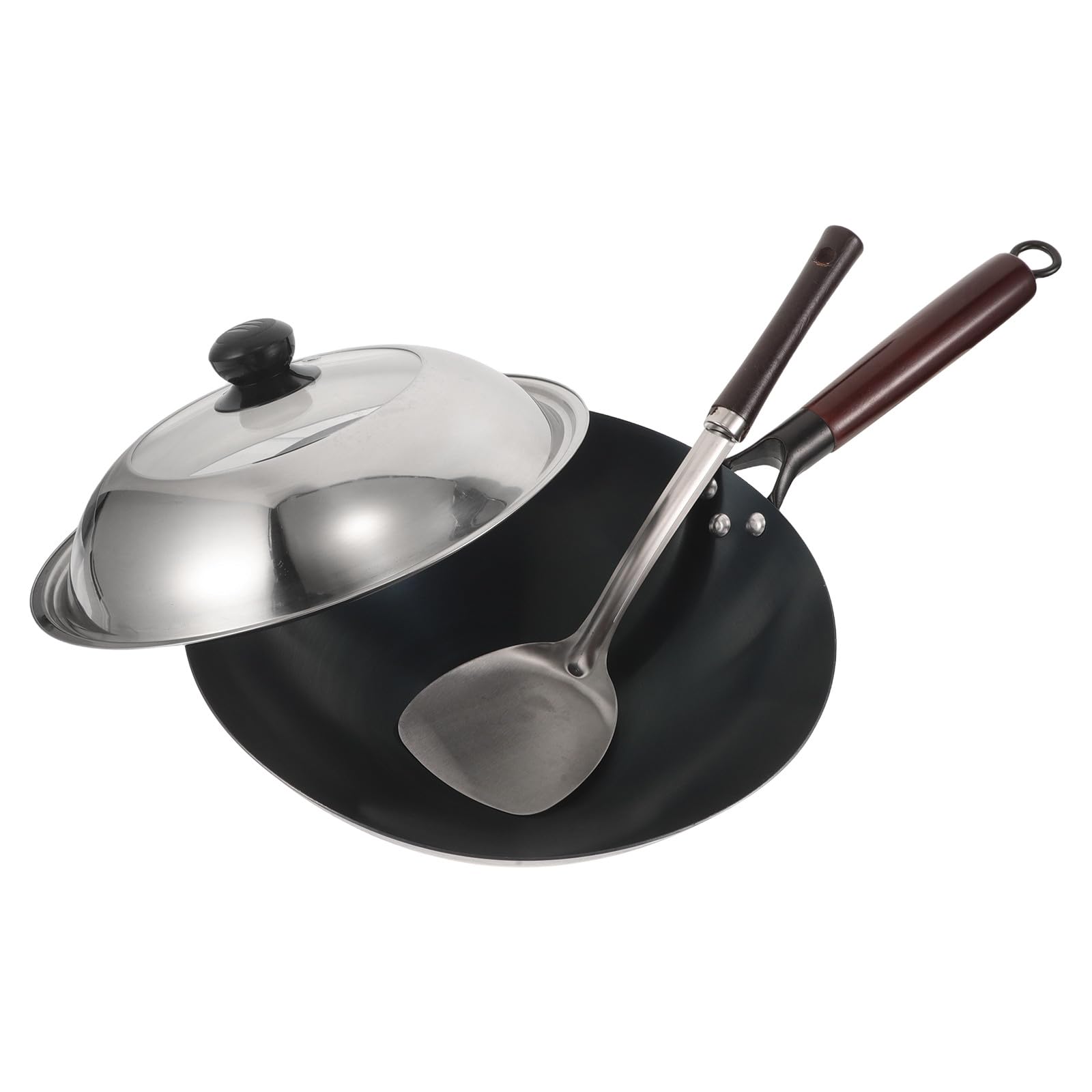 DOITOOL Niepowlekana żeliwna patelnia wok | Ręcznie robiona chińska patelnia do smażenia z pokrywką i szpatułką | Niepowlekany, wytrzymały żeliwny wok z drewnianym uchwytem do kuchenek gazowych