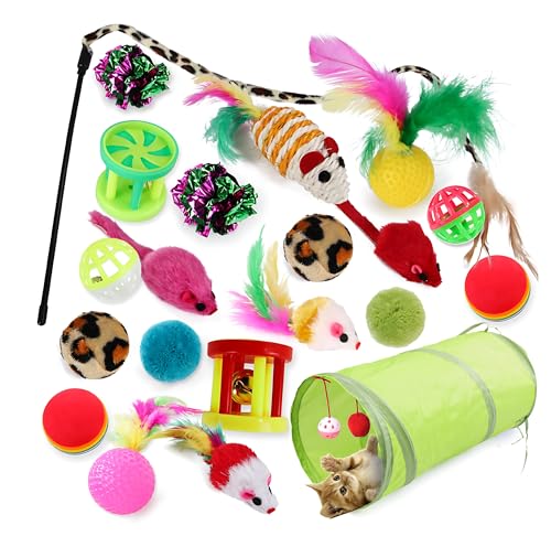 AMSAMOTION 21 Stücke Katzenspielzeug Set Katzentunnel Interaktives Katzen Spielzeug für Kätzchen Federspielzeug Katzenbälle Spielzeugmäuse für...