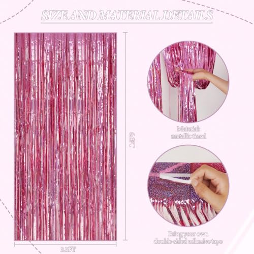 Image of DECOCKRAT 2 Pack Foil Fringe Backdrop - Laser Pink Shiny Tinsel Curtains for Party Decoration /Photo Booth Props - 3.3x6.6 FT Metallic Foil Backdrop for Birthday, Wedding, Graduation, Christmas.