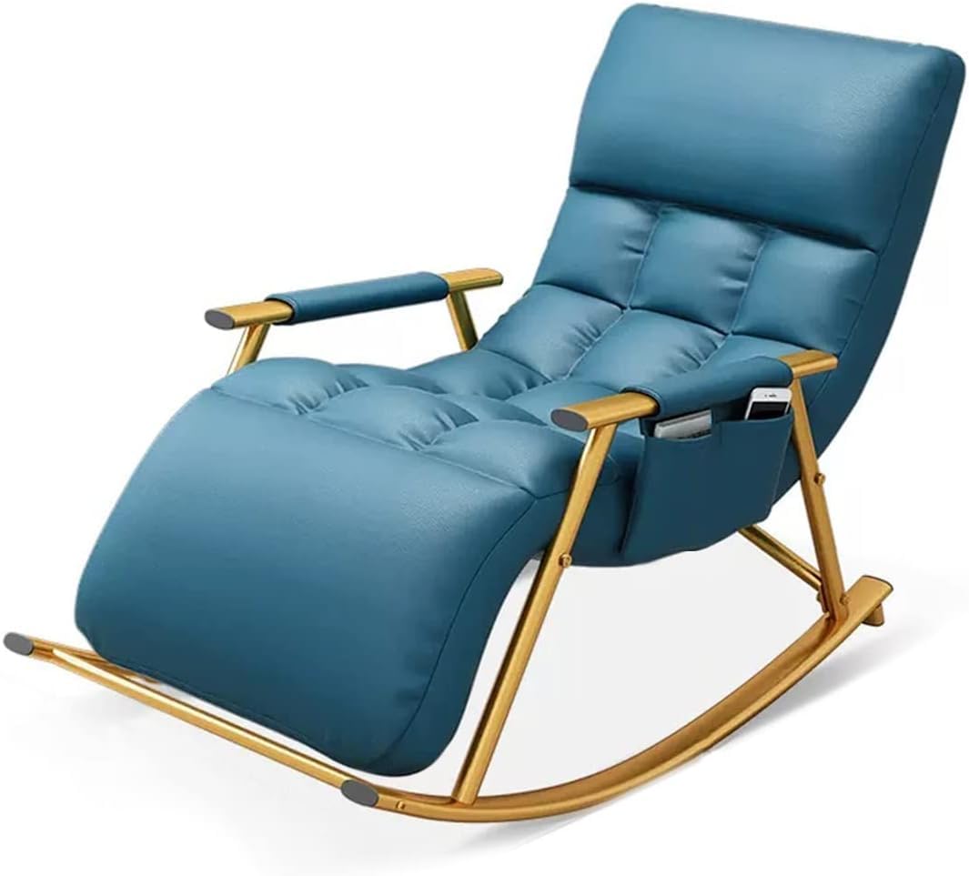 Mecedora para balcón, sillón de Relax de Ocio con Patas de Acero, Asiento Acolchado de Cuero, cómodo sofá para Sala de Estar, sillón con reposapiés Ajustable/Pata Azul/Dorada