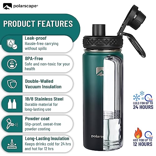Polarscape Stainless Steel 500ml Insulated Water Bottle with Straw, Metal Water Bottle, Includes 3 Lids, 2 Straws - Image 4