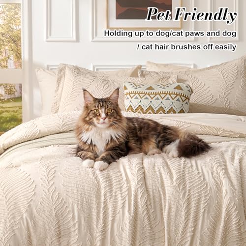 Image of 7 Pieces Tufted Boho Comforter Set Leaves Floral Khaki Farmhouse Shabby Chic Embroidered Bedding for All Seasons Full Size with Comforter Sheets Pillowcases Shams