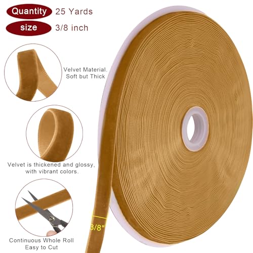 Image of Tsorode 25 Yards Velvet Ribbon for Christmas Tree Gift Wrapping,3 /8 Inch (Khaki, 3 /8 inch)