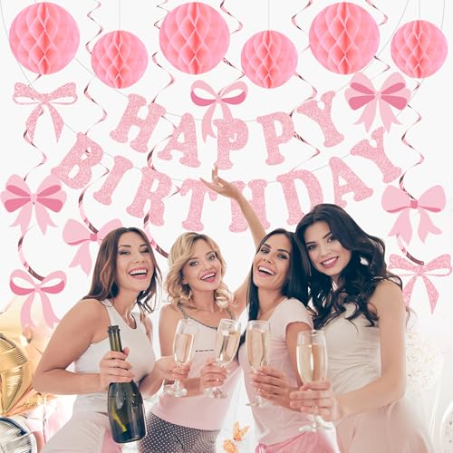 Image of Pink Bow Birthday Party Decorations Pink Glittery Happy Birthday Banner Garland Bow Hanging Swirls and Honeycomb Balls Coquette Birthdays Decor for Women Girls Birthdays Party Supplies