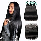 MQYQ 8A Brazilian Straight Hair 3 Bundles with Frontal (14 16 18+12 Frontal) 100% Unprocessed Human Hair 13×4 Ear To Ear Lace Frontal Closure Hair Extensions Weave Natural Black Color