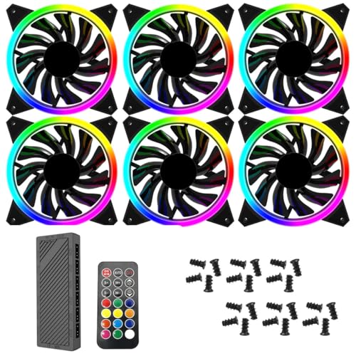 RGB PC Cooling Fan Kit, Rainbow LED Addressable RGB 120mm Case Cooling Fans With Hub Controller for PC Cases, Gaming PCs (6 Fans With Hub)