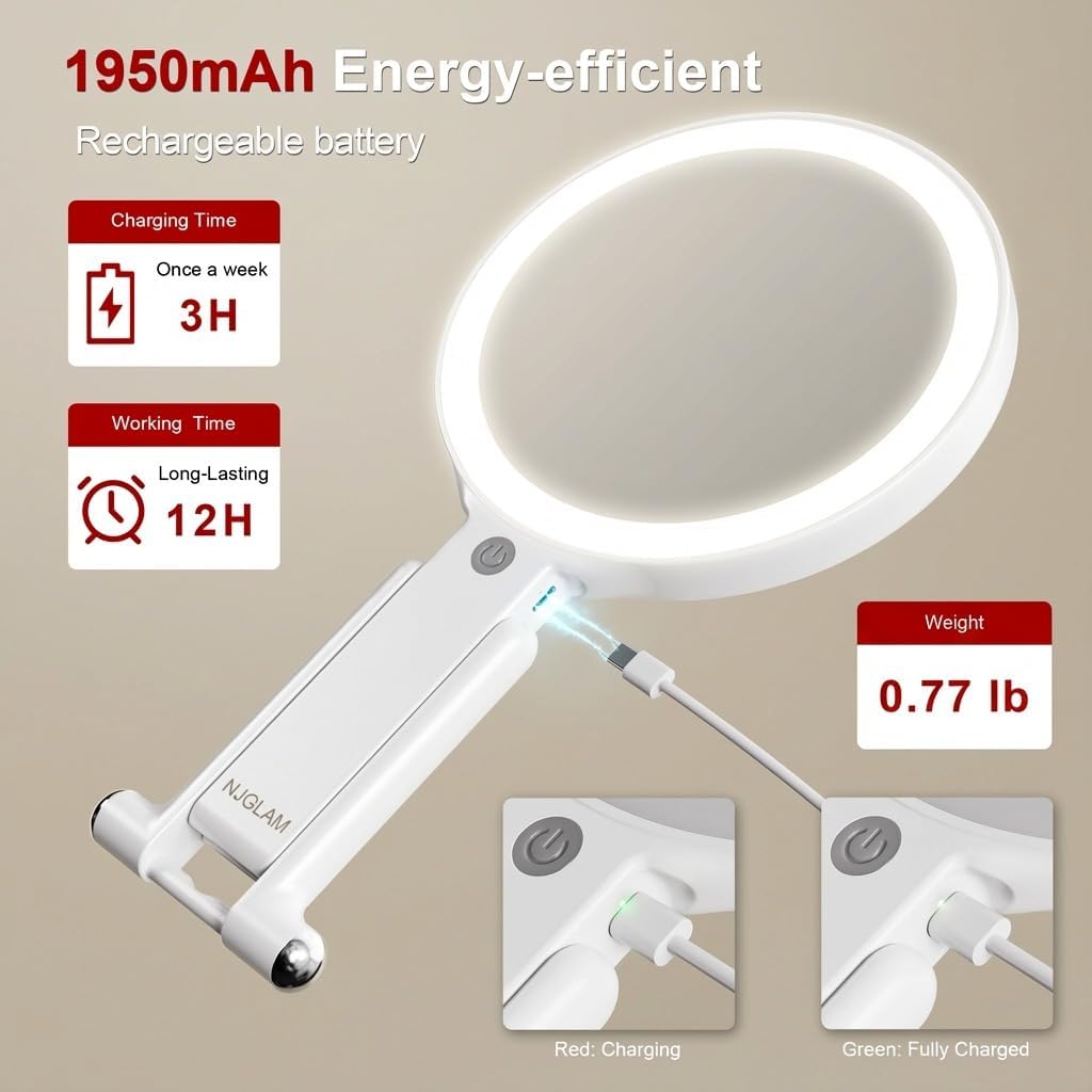 LED Lighted Makeup Mirror, Double Sided 1X/10X Magnifying Vanity Mirror with 3 Color Light Modes, USB Rechargeable Portable Cosmetic Mirror with Adjustable Stand, Tabletop, Handheld & Hanging