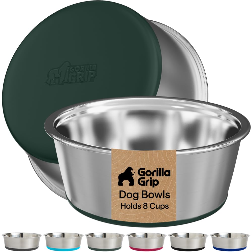 GORILLA GRIP Dog Bowls, Food Grade Stainless Steel, Set of 2, 8 Cup, Green