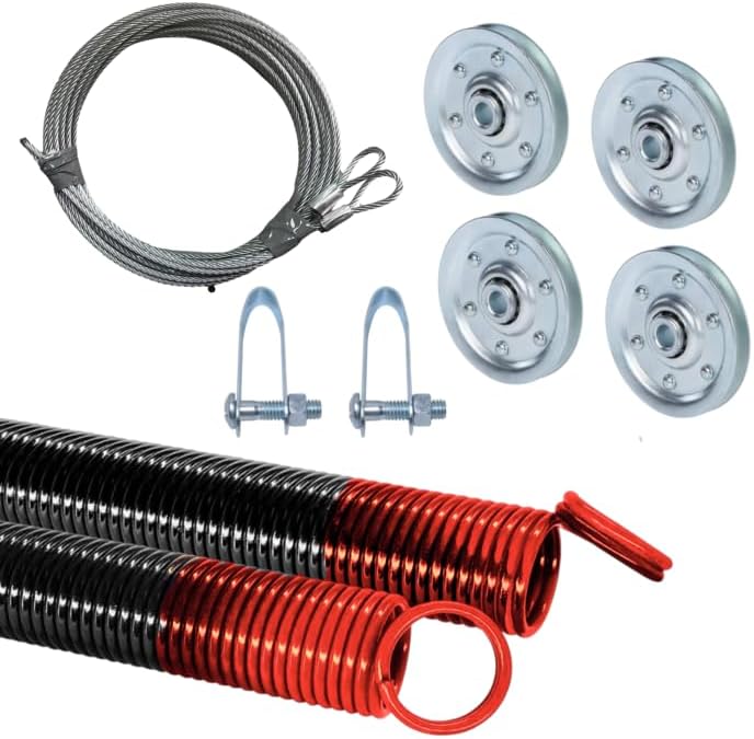 Heavy-Duty Double-Looped Garage Door Extension Springs Bundle 150 lb (Red) Springs, 3" Pulleys, and Extension Cables for 7' Feet Garage Door | Garage Door Hardware Parts