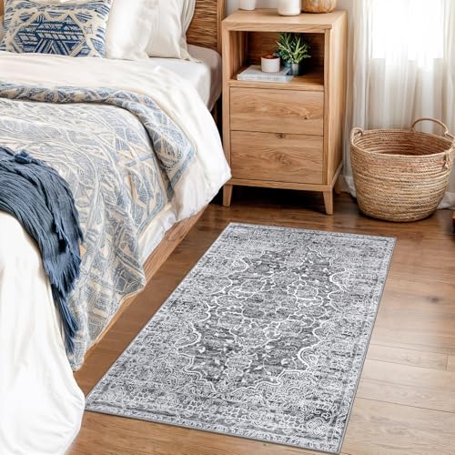 KUTA Vintage Entryway Rugs Indoor Grey White Washable Rug 2x3 Non-Slip Soft Printed Floral Medallion Doormat Small Accent Farmhouse Kitchen Throw Carpet for Entrance and Bedroom