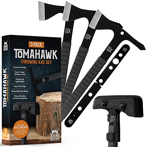 Tomahawk Throwing Axe - Set of 3 Throwing Axes and Tomahawks with Tactical Hatchet Sheath and Target Stencil - 11.1