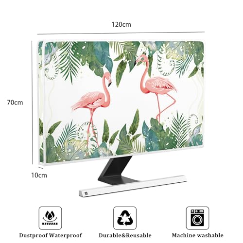 Image of Tropical Flamingo Waterproof Screen TV Cover 50,51,52 Inch Palm Leaves Weatherproof Dust-Proof Anti-Scratch Protective Television Cover for Desktop and Home Hanging TV,Green and Pink
