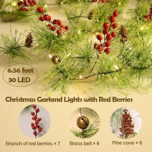 Smokey Pine Garland with 30 LED Fairy Lights - Battery Operated, Red Berries, Bells, Pine Cones - 6.56 FT Christmas Lights for Indoor Home Decorations Smokey Pine Garland with 30 LED Fairy Lights Battery Operated Red Berries Bells Pine Cones 656 FT Christmas Lights for Indoor Home Decorations