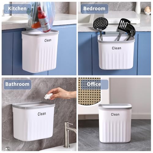 Image of Hanging Trash Can for Kitchen, 2.2 Gallon Kitchen Garbage Bin Food Waste Container Kitchen Compost Bin Wall Mounted Trash Can for Kitchen Cupboard Bathroom Bedroom Office Under Sink - White
