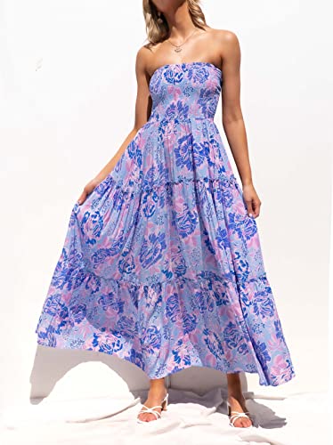 Image of ZESICA Women's Summer Boho Strapless Maxi Dress 2026 Casual Off Shoulder Smocked Flowy A Line Beach Holiday Long Dresses