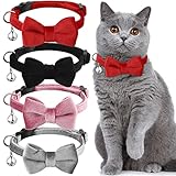 4 Pieces Cat Bow Tie Collar with Bell Breakaway Cat Collar Comfortable Velvet Cat Collar with Cute Safety Pet Collar for Pet Kitten Puppy (Red, Black, Pink, Gray,Medium)