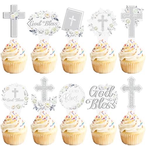 God Bless Floral Cupcake Toppers Silver Easter Cross Party Cake Decorations Christian Baptism Theme Party Decor 48Pcs Wreath God Bless Cupcake Picks for First Holy Communion Baby Shower Supplies by LUCKYQUBE - Used condition - US$6.98