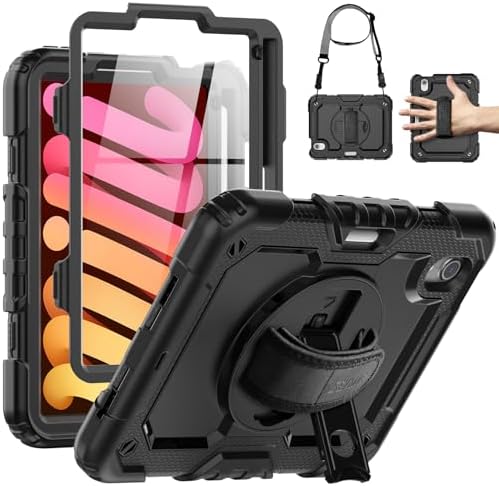 Custodia Seymac Per IPad Mini 7/6 (8.3″) – Antiurto Con Pellicola Inclusa, Supporto Girevole 360°, Tracolla E Cinghia, Portapenne, Nero