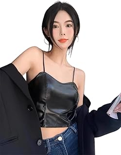 Women Crop Tops Faux Leather Sleeveless Round Neck PU Leather Crop Tank Tops Streetwear Free Size (28 Till 32) Black Colour