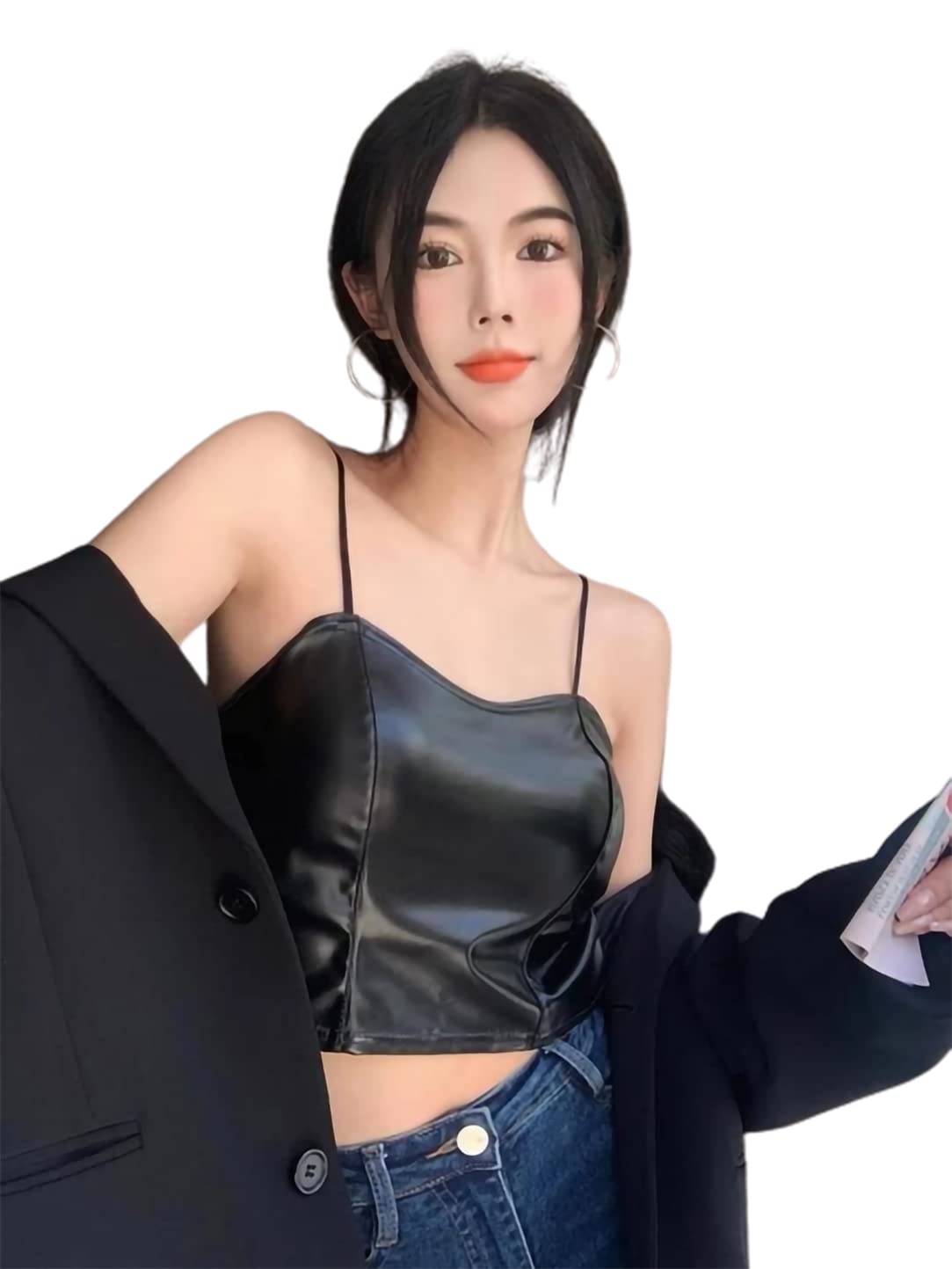 Corset Tops for Women Spaghetti Straps Pu Leather Crop Top Push Up Bustier Summer Tank Top Shirt Free Size (28 Till 32) Black Colour-picture-37