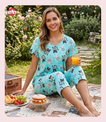 Image of ENJOYNIGHT Womens Pajama Sets Cotton Pj Set Short Sleeve Top With Capri Pants Sleepwear 2 Piece Lounge Set
