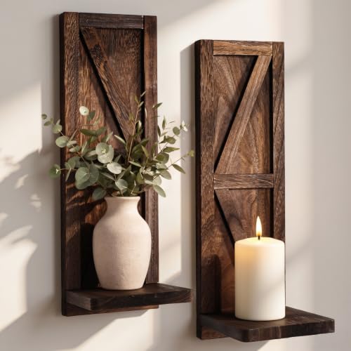 Farmhouse Wall Candle Holders Set of 2, Dark Brown Wood Sconces, 15.7"x5"